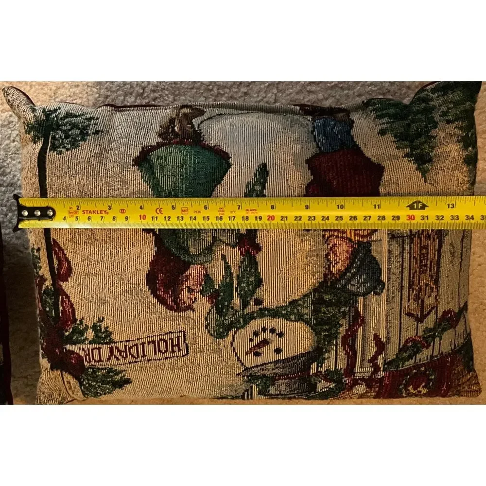 Set of 2 Winter Holiday Tapestry Deco Pillows 10X14 Snowmen & Children Burgundy